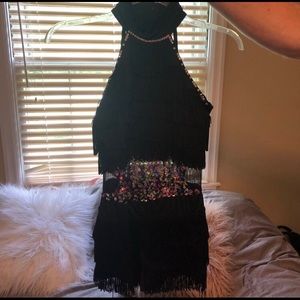 Black jazz costume with multicolor detailing